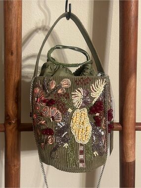 From India to You Beaded Botanical Corduroy Bucket Bag